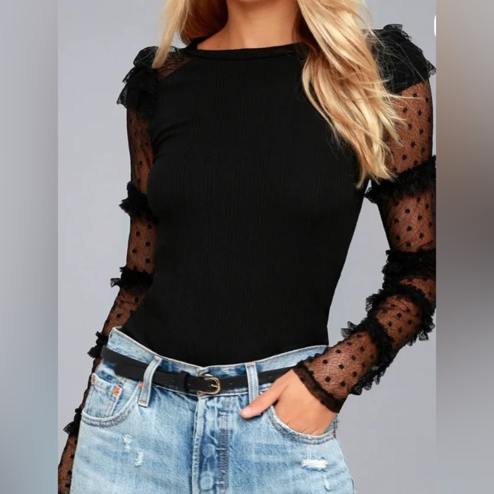 SOLD Free People Kiss Kiss sweater with mesh polka dot sleeves